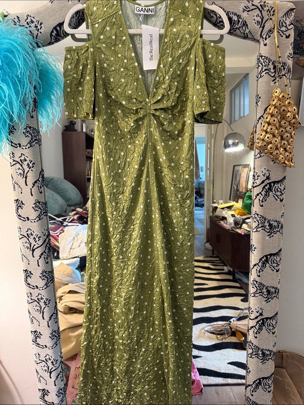 Ganni Olive Green Cold-Shoulder Maxi Dress with Knot Front